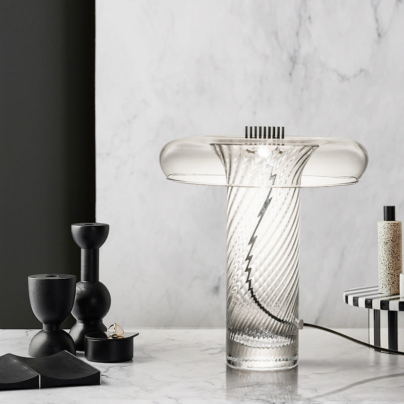 Twisted glass column table lamp with clear disc shade and LED light
