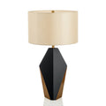 Black and gold faceted geometric table lamp with ivory fabric drum shade front view