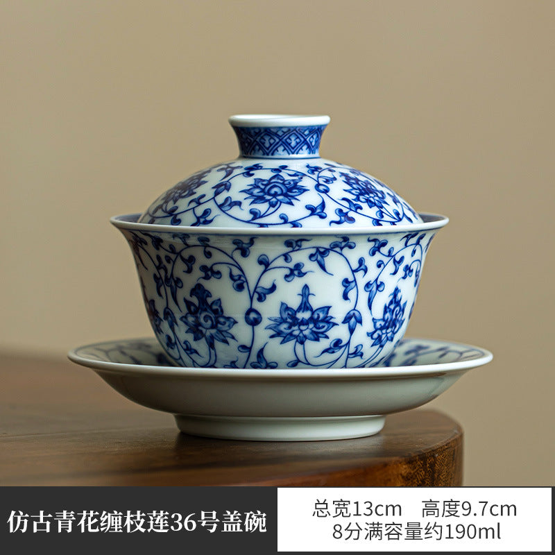 Authentic Jingdezhen Hand-Painted Luxury Underglaze Blue & White Porcelain Sancai Gaiwan - 160ml Anti-Scald Gongfu Tea Bowl