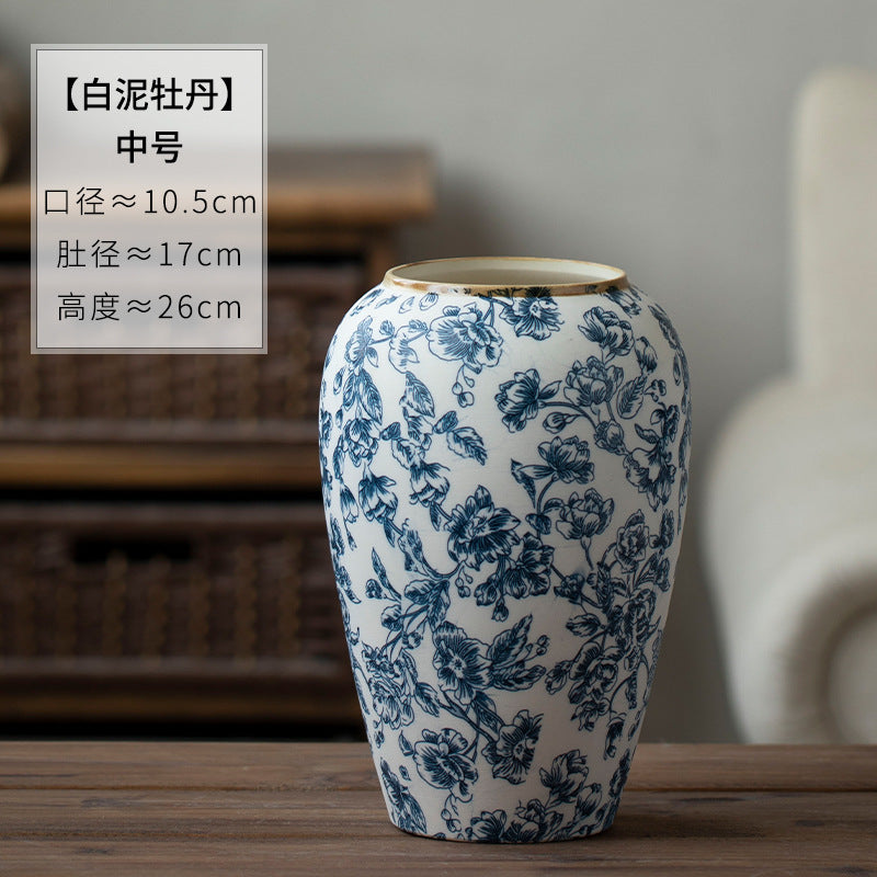 Medium blue and white floral ceramic vase 26 cm high