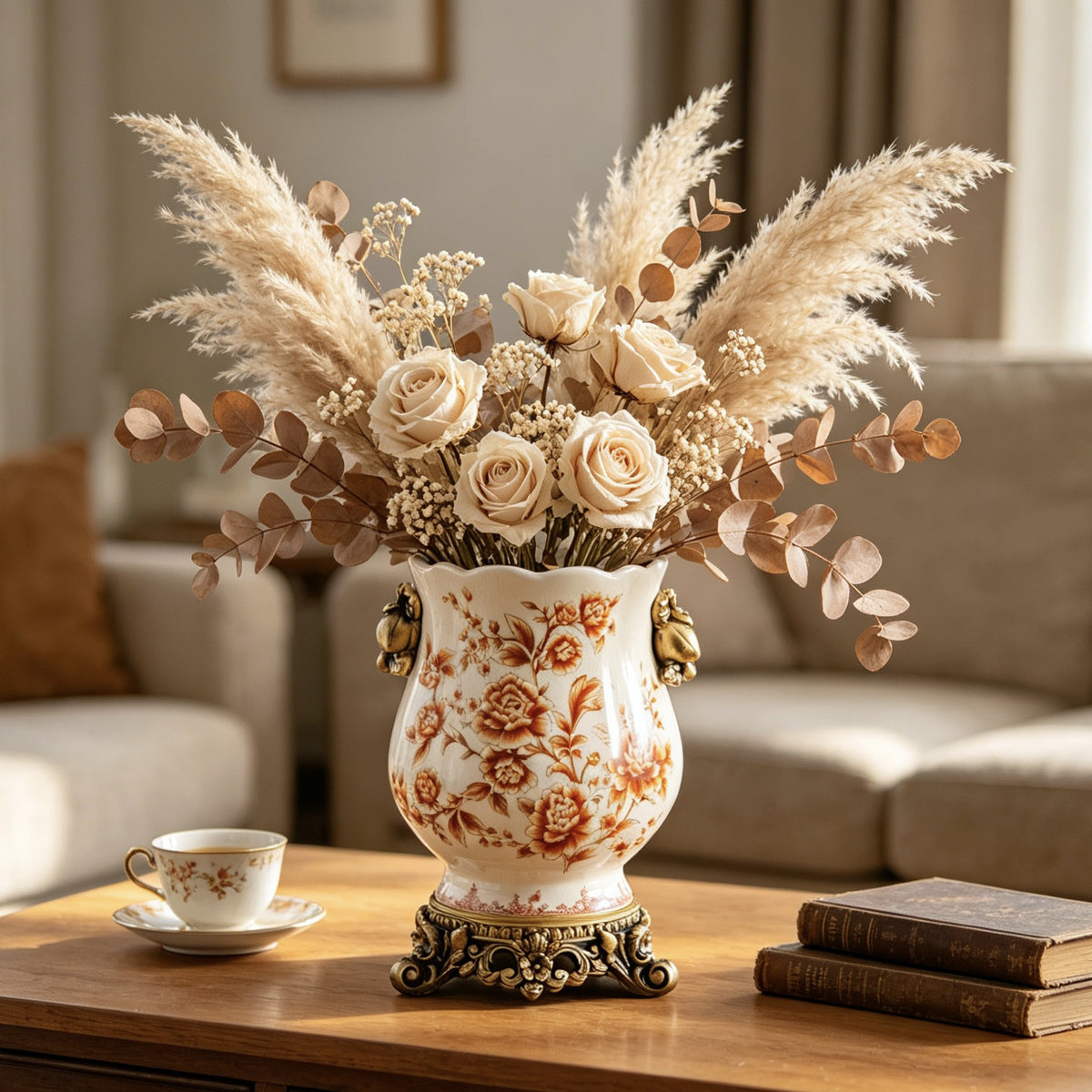 Vintage European ceramic vase with warm rust floral pattern, ornate bronze-tone resin handles and pedestal base