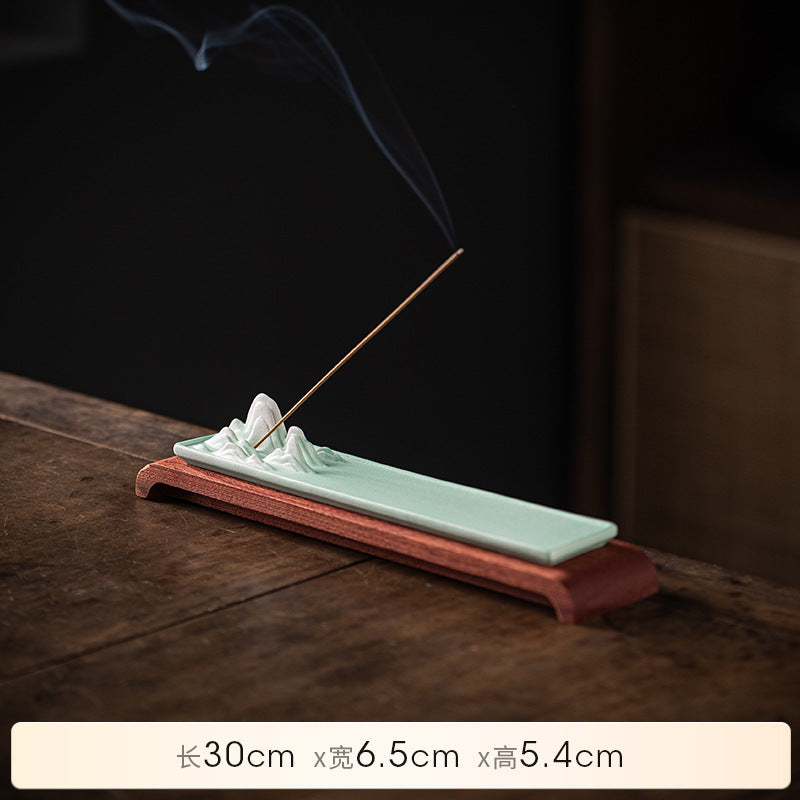 Celadon green Chinese mountain incense tray with wood base 30 by 6.5 by 5.4 cm
