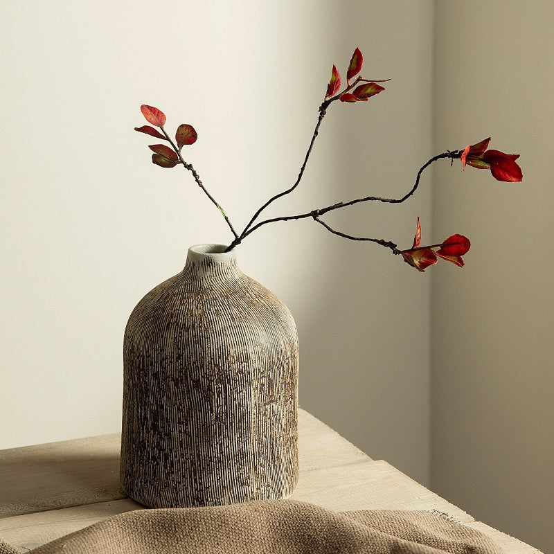 Rounded shoulder carved ceramic vase styled with red branch