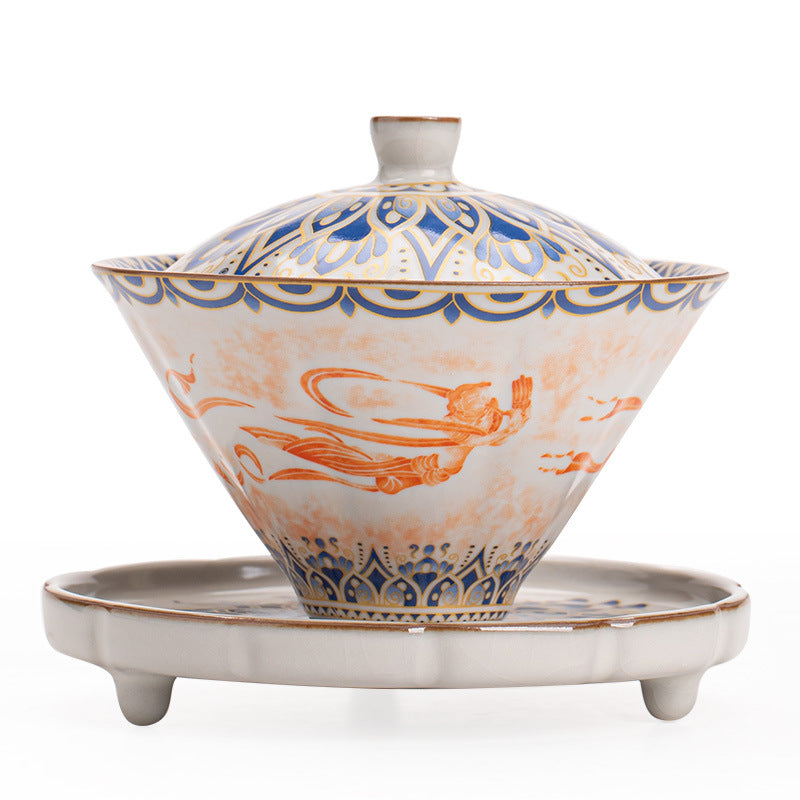 Authentic Jingdezhen Handcrafted Dunhuang Flying Apsaras Stone Rubbing Porcelain Horseshoe Sancai Gaiwan & Conical Cup Set - 160ml