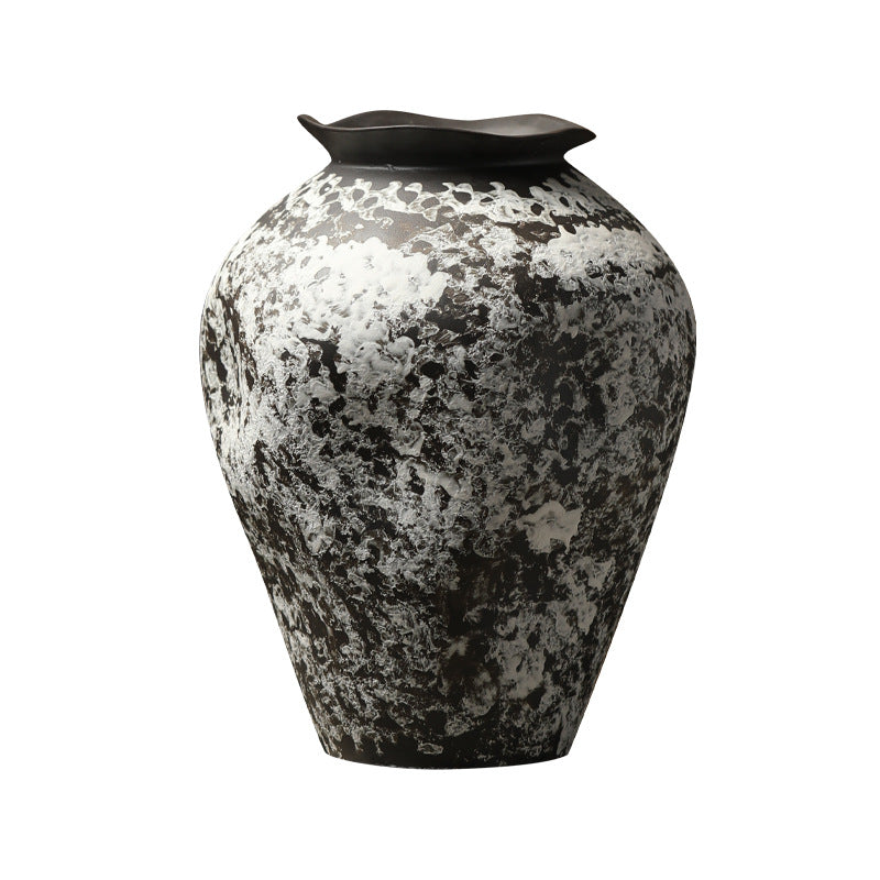 Black and white snow-texture ceramic vase isolated product view