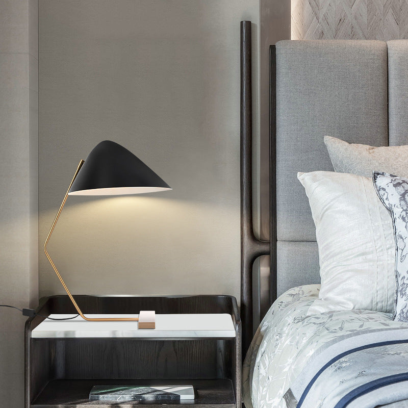 46cm wide black cone shade designer table lamp on bedside cabinet