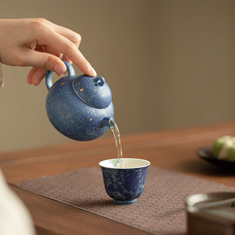Authentic Jingdezhen Raw Mineral Sapphire Blue Gold-Splashed Sphere Teapot - 180ml Gongfu Teapot