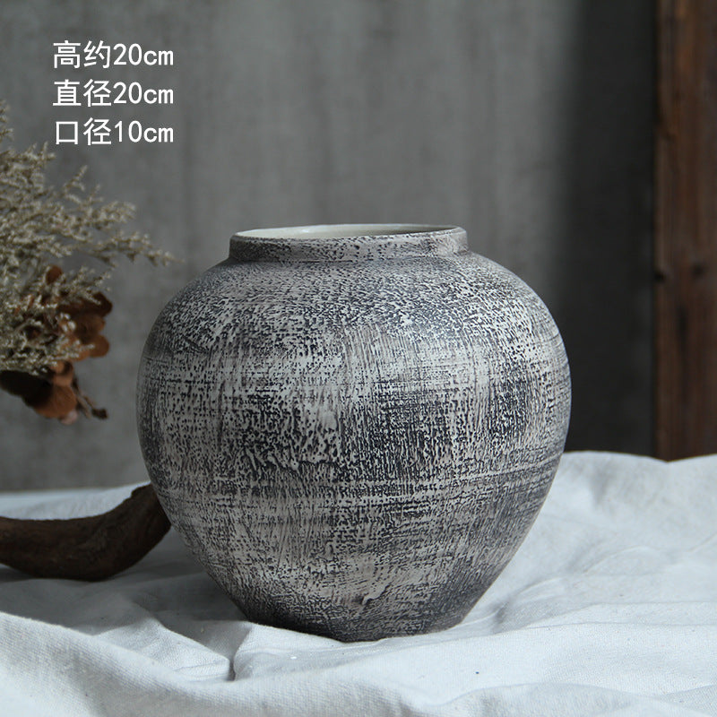 Grey white crosshatched round ceramic vase 20 cm high