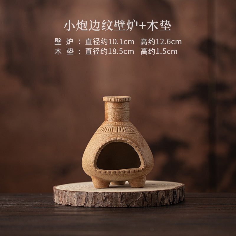Natural sand ribbed ceramic fireplace with round wood base