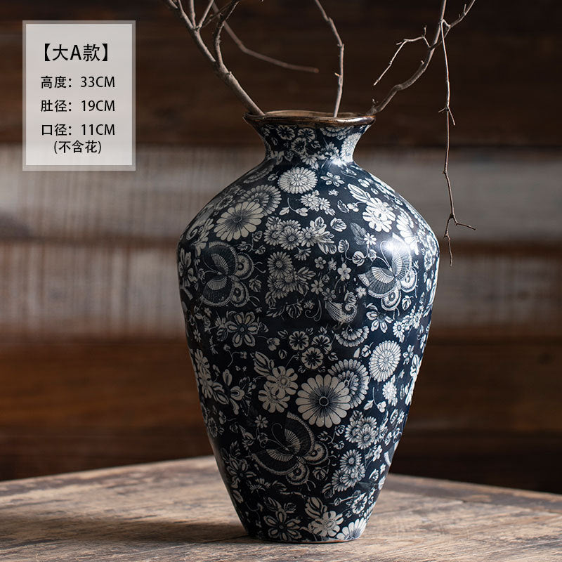 Tall indigo floral ceramic vase 33 cm high