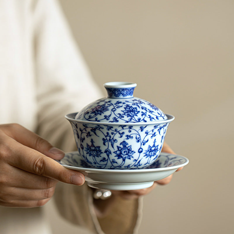 Authentic Jingdezhen Hand-Painted Luxury Underglaze Blue & White Porcelain Sancai Gaiwan - 160ml Anti-Scald Gongfu Tea Bowl
