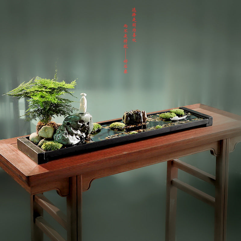Long black stone New Chinese moss garden styled on traditional wood console