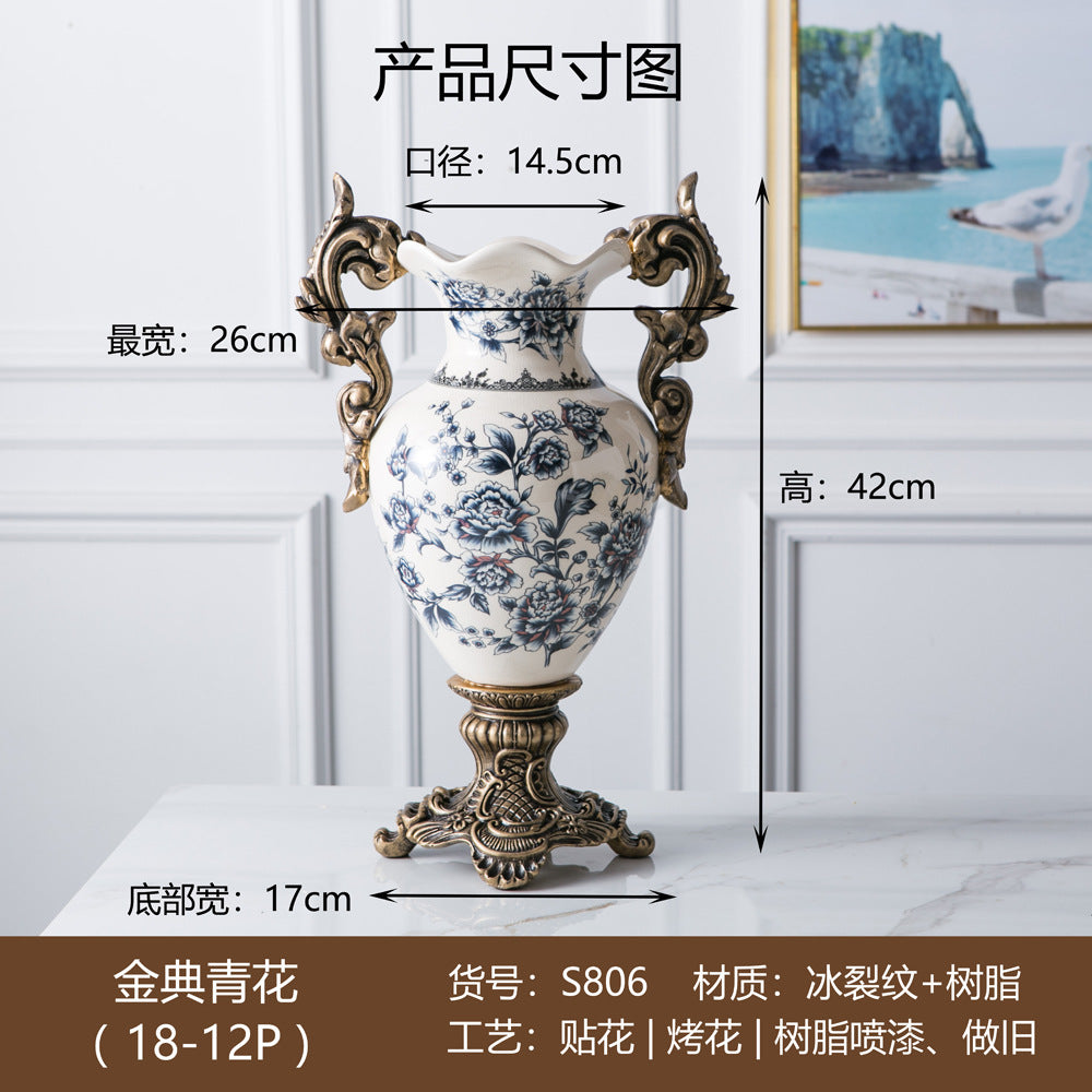 Large double-handle ceramic vase with classic blue peony motif, 42 cm high