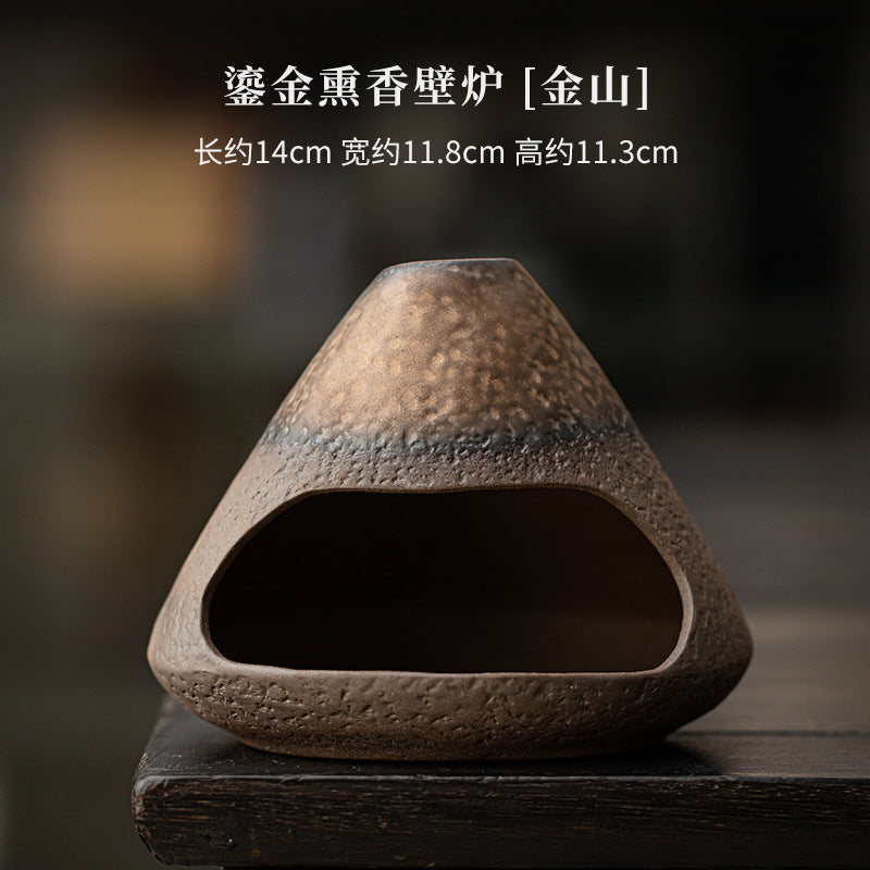 Gilded mountain ceramic ritual fireplace approximately 14 by 11.8 by 11.3 cm