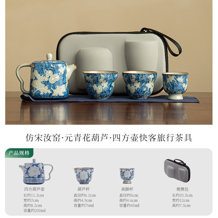 Authentic Jingdezhen Yuan Blue & White Ru Ware Celadon 4-Piece Portable Travel Gongfu Tea Set with Travel Case