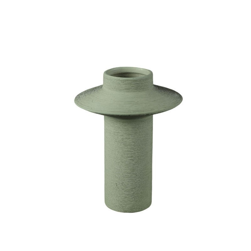 Sage green textured ceramic vase with disc collar, 20 cm modern Morandi decor