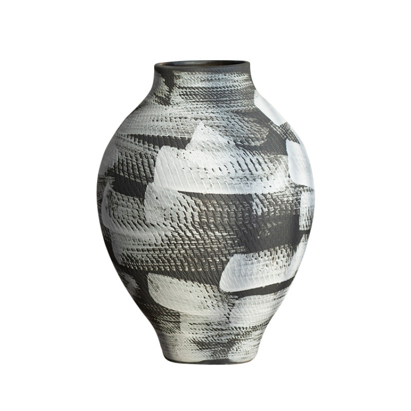 Black and white graphic textured ceramic vase sculptural form