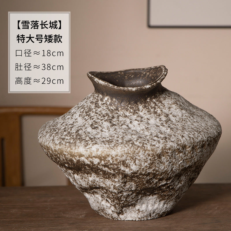 Weathered white and brown extra large wide ceramic vase, 29 cm high
