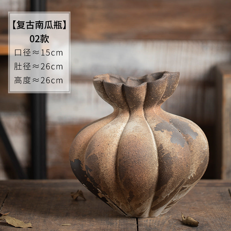 Aged rust brown fluted gourd ceramic vase large rounded 26 cm size