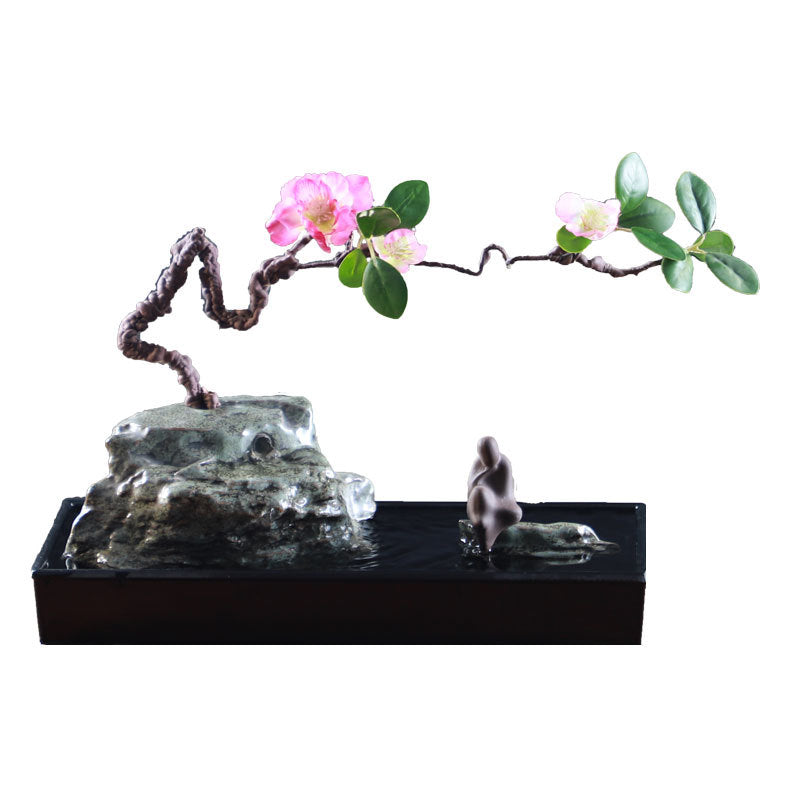 Silver rock flowering branch tabletop fountain with scholar figure