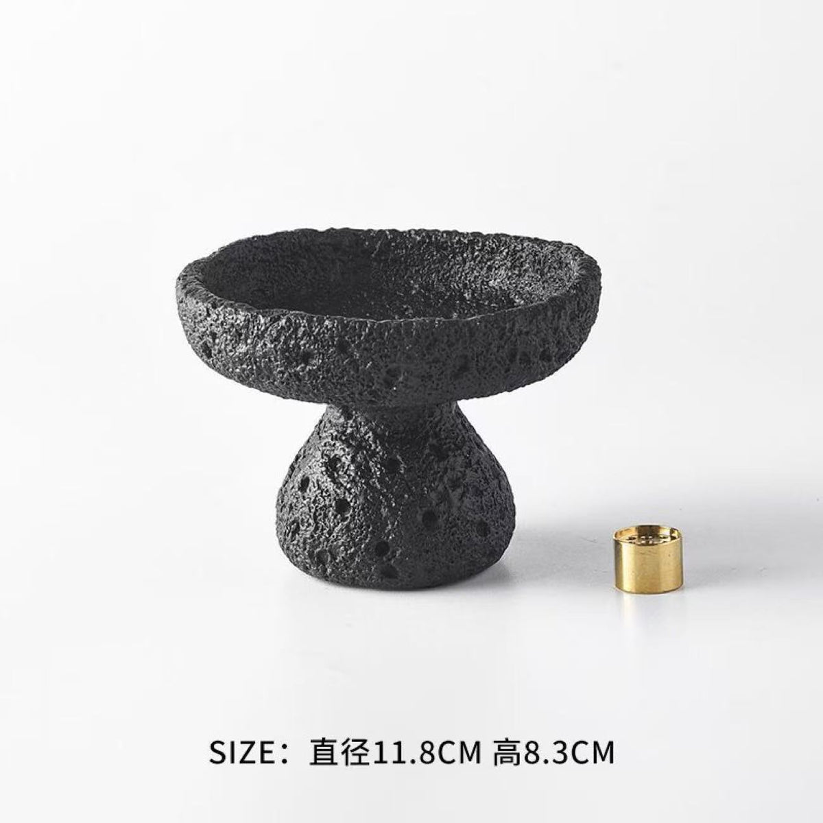 Charcoal black lava texture pedestal incense bowl with brass insert