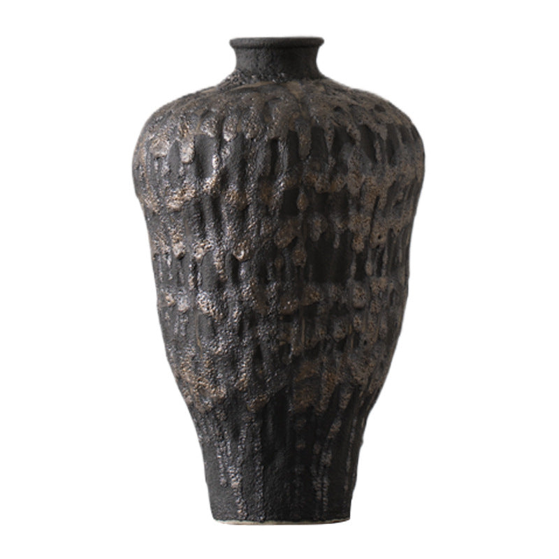 Large charcoal black irregular-texture ceramic vase isolated product view