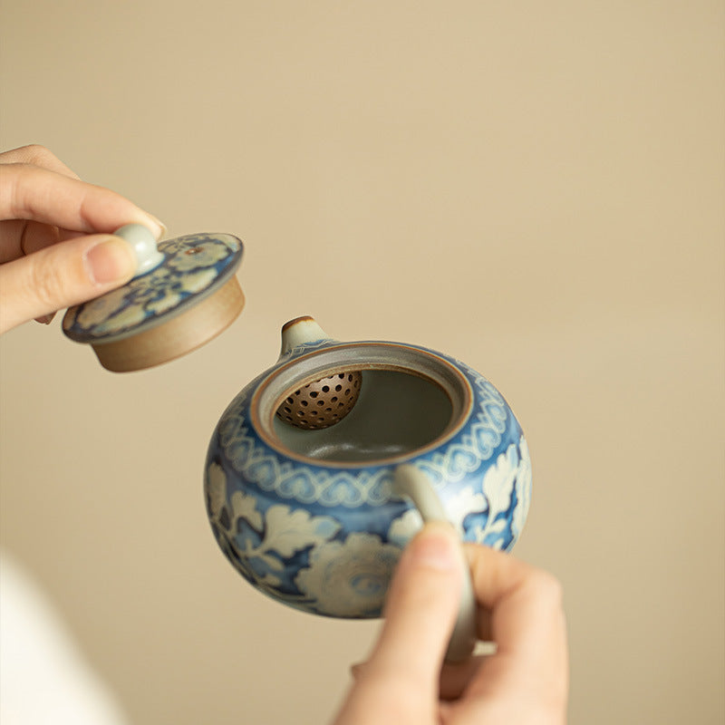 Authentic Jingdezhen Ru Ware Sky Blue Celadon Crackle Xishi Teapot with Sculpted Peony Relief - 200ml Living Patina Tea Pot