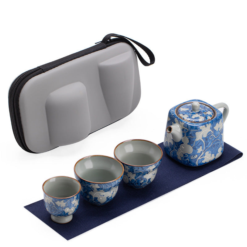 Authentic Jingdezhen Yuan Blue & White Ru Ware Celadon 4-Piece Portable Travel Gongfu Tea Set with Travel Case