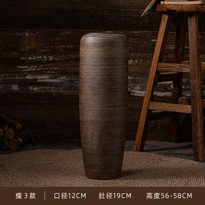 Slim bronze brown ribbed ceramic floor vase 56 to 58 cm high