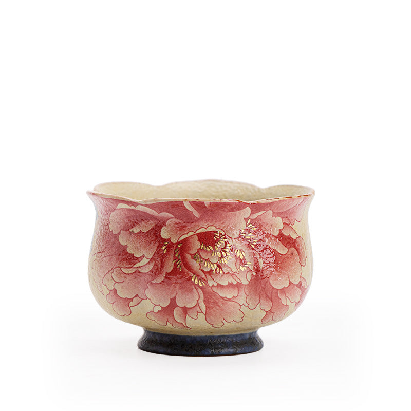 Authentic Jingdezhen Flint Red Blue & White National Peony Scalloped Master Teacup - 85ml Gongfu Teacup