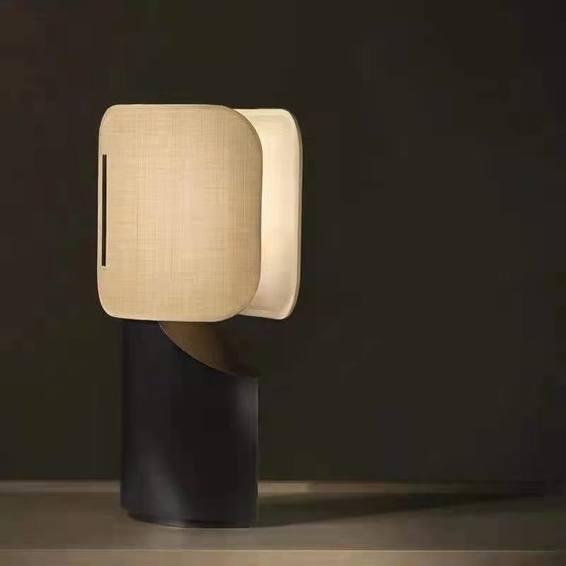 Double layer rectangular fabric shade table lamp with curved black metal base