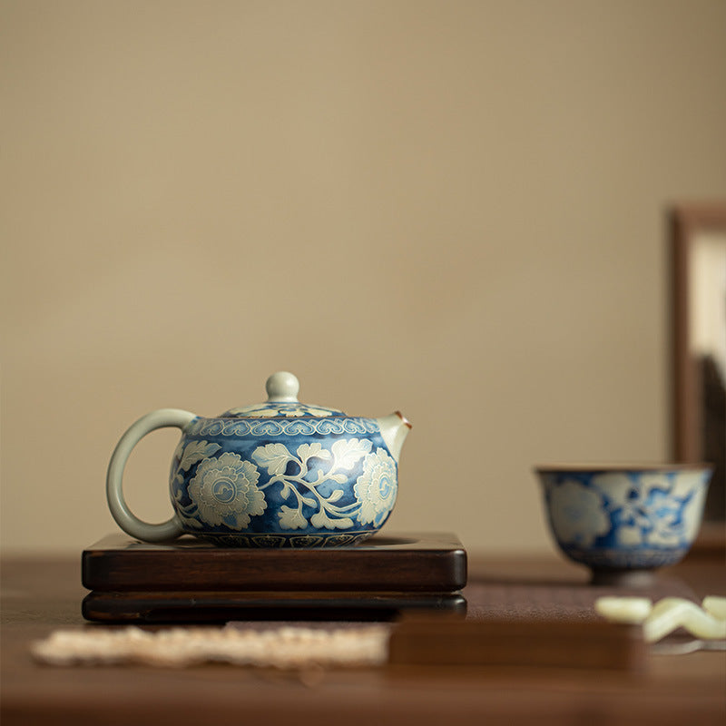 Authentic Jingdezhen Ru Ware Sky Blue Celadon Crackle Xishi Teapot with Sculpted Peony Relief - 200ml Living Patina Tea Pot