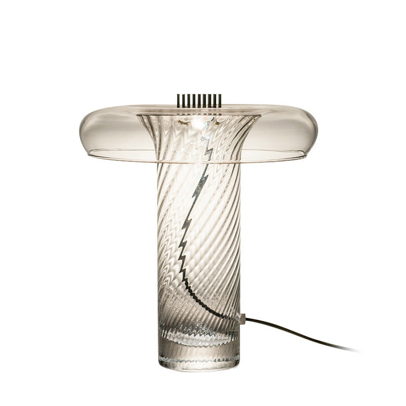 Transparent handmade glass mushroom table lamp side view