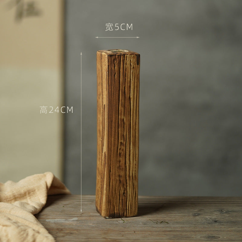 Large faux wood grain rectangular ceramic bud vase 24 cm high