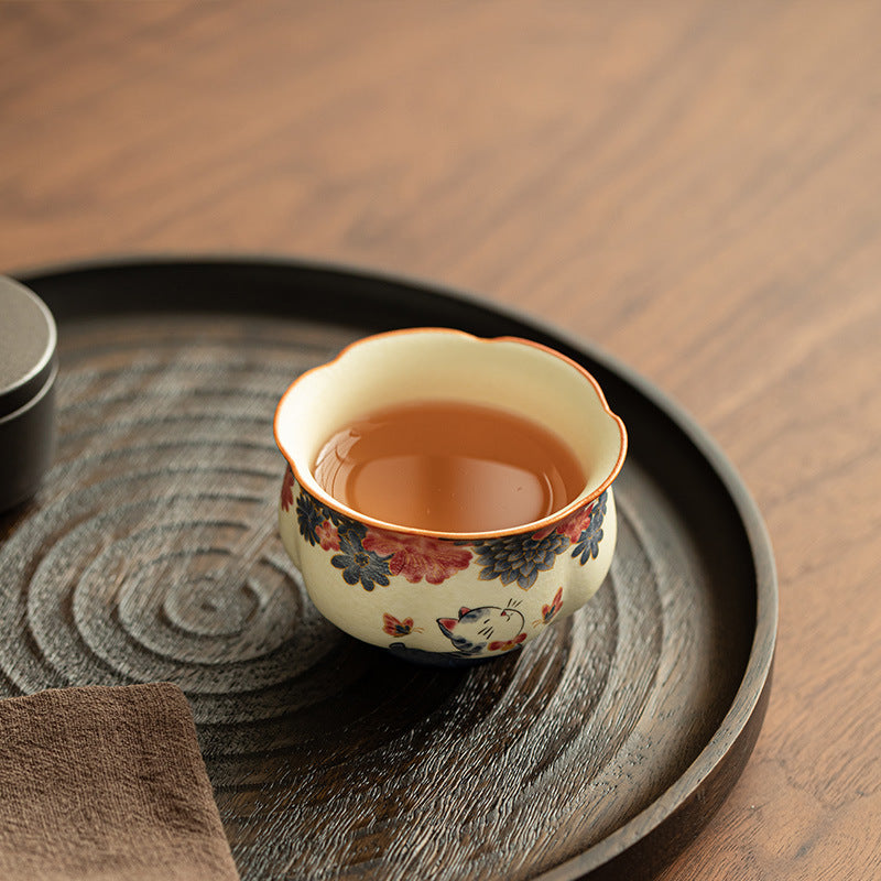 Handcrafted Gilded Auspicious Blossom Cat Scalloped Master Teacup - 85ml Gongfu Teacup