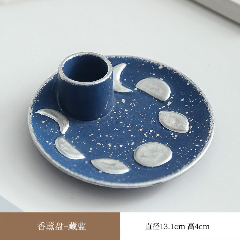 Midnight blue moon phase ceramic ritual tray 13.1 cm diameter by 4 cm high