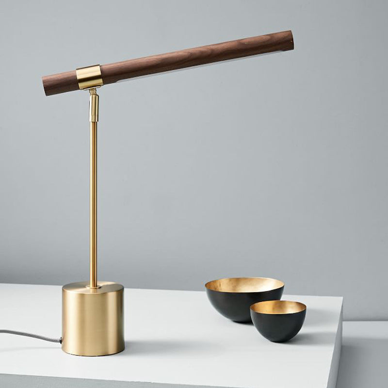 Japandi walnut finish T bar LED table lamp styled in study