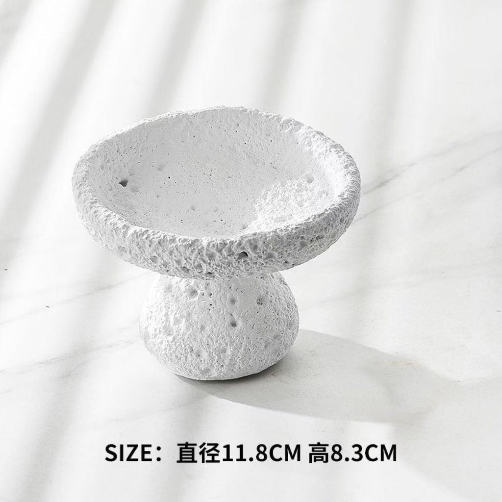 Chalk white sculptural incense bowl with porous lava stone texture