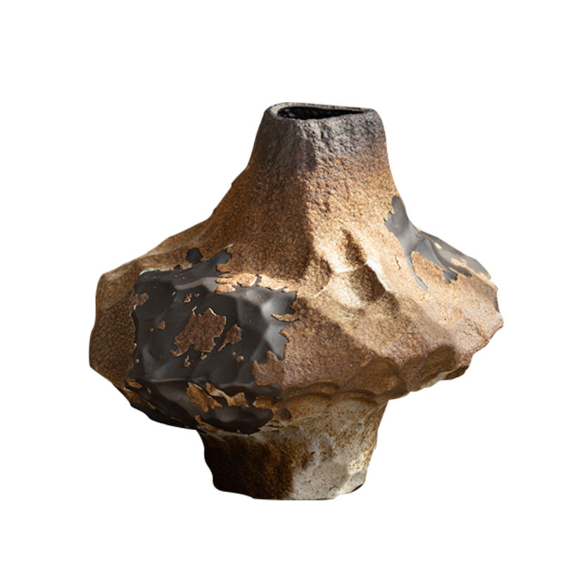 Large irregular black bronze rock-form ceramic vase 27 cm high