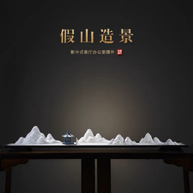 New Chinese Ceramic Mountain Sand-Tray Landscape – Pavilion, Scholar & Snow Peak Zen Tabletop Decor Collection