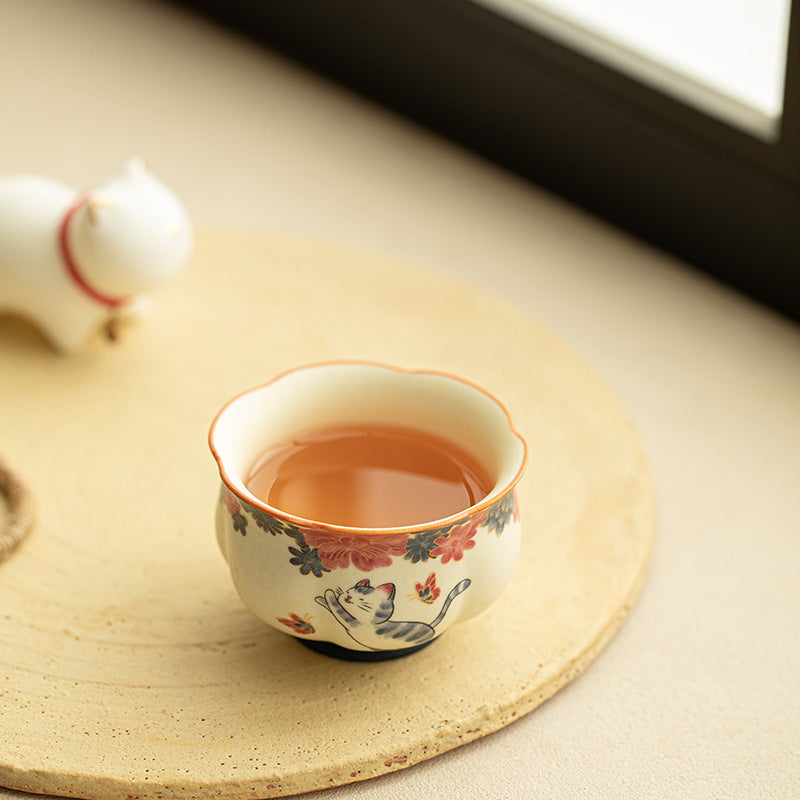 Handcrafted Gilded Auspicious Blossom Cat Scalloped Master Teacup - 85ml Gongfu Teacup
