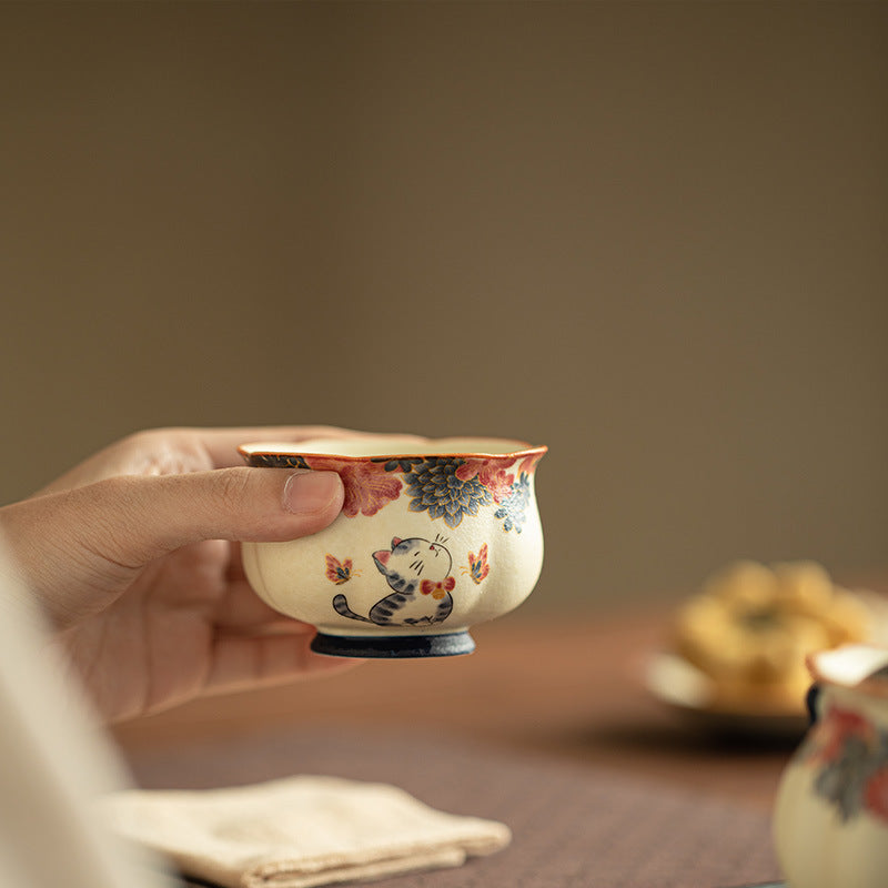 Handcrafted Gilded Auspicious Blossom Cat Scalloped Master Teacup - 85ml Gongfu Teacup