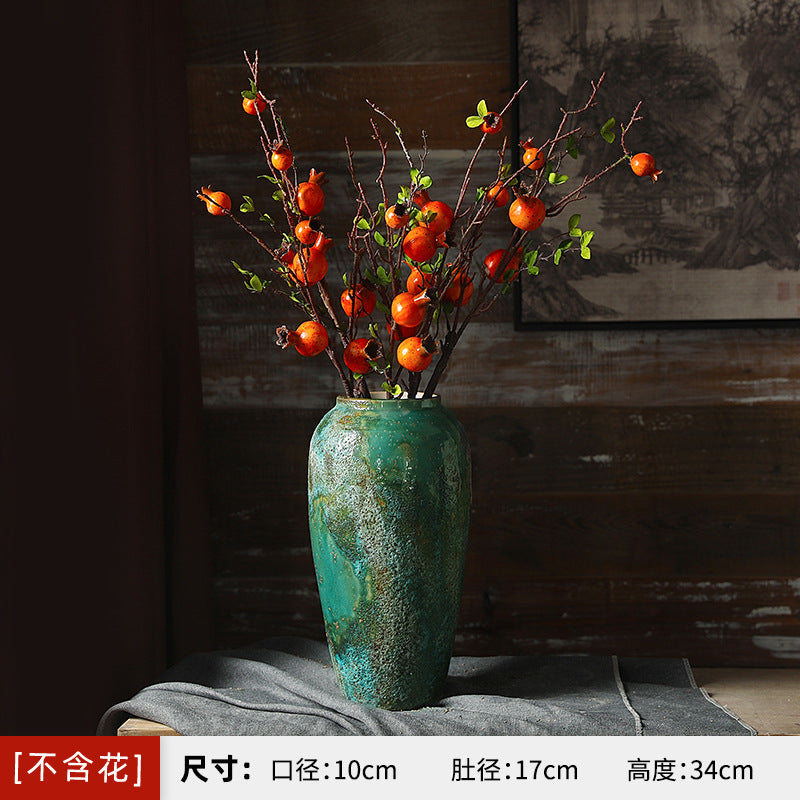 Large turquoise green patina ceramic vase 34 cm with autumn branches