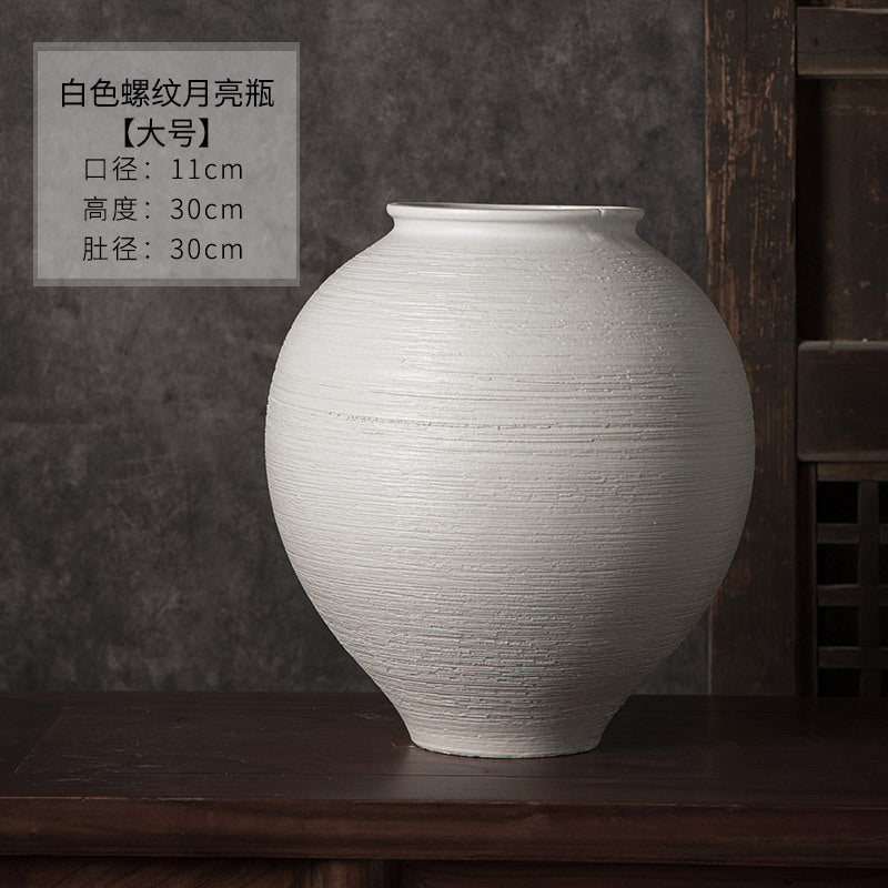 Large white ribbed round jar vase 30 cm high and 30 cm diameter