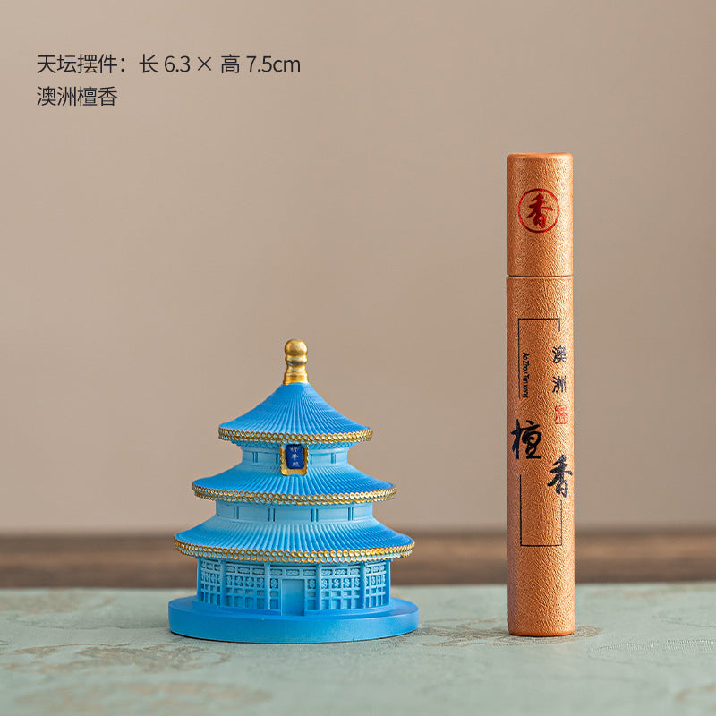 Sky blue Temple of Heaven ceramic incense holder with sandalwood incense tube