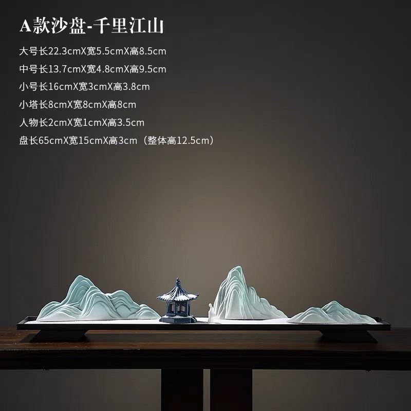 New Chinese Ceramic Mountain Sand-Tray Landscape – Pavilion, Scholar & Snow Peak Zen Tabletop Decor Collection