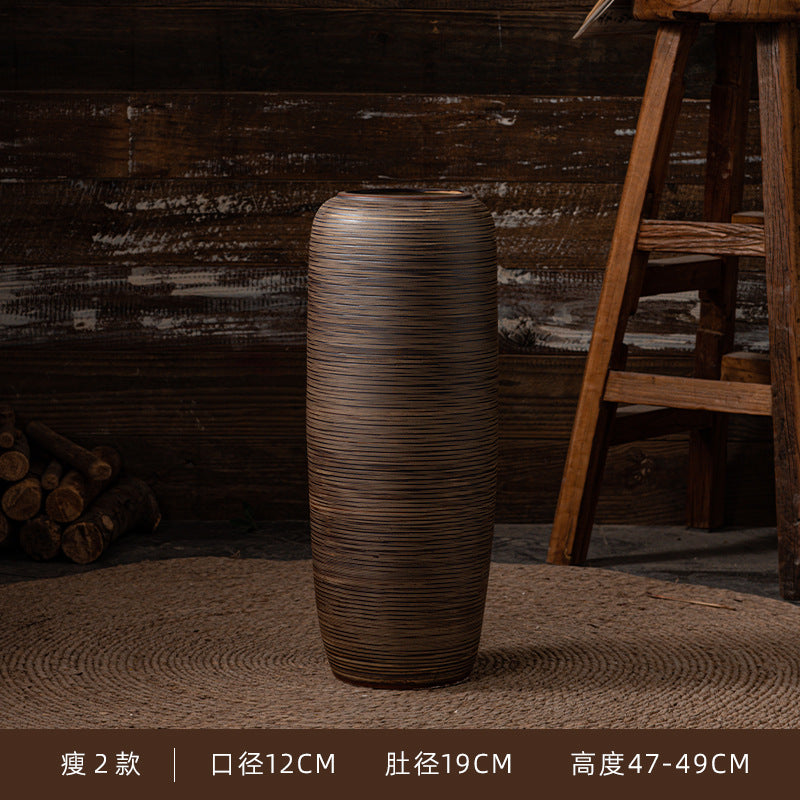 Slim bronze brown ribbed ceramic floor vase 47 to 49 cm high