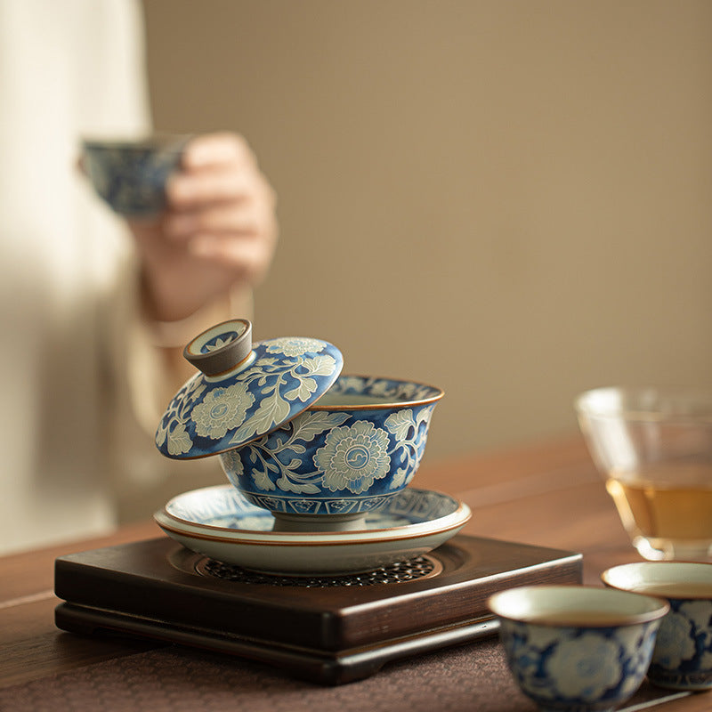 Authentic Jingdezhen Ru Ware Celadon Crackle & Yuan Blue-and-White Gold Ingot Sancai Gaiwan - 160ml Living Patina Tea Bowl