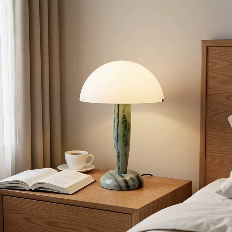 Green marble mushroom bedside lamp in warm interior