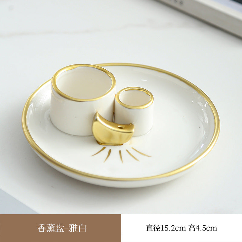 Ivory white and gold sacred wood ritual tray 15.2 cm diameter by 4.5 cm high